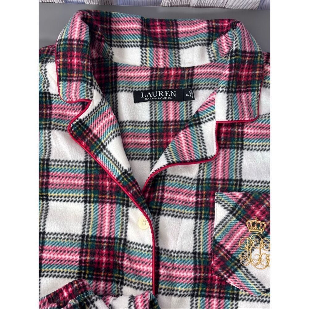 Lauren Ralph Lauren Cream Red Plaid Soft Fleece Pajama 2 PC Set XL Women’s new - Picture 4 of 10